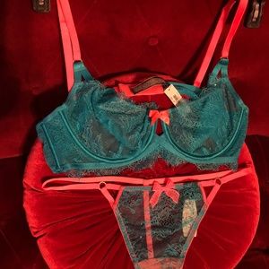 Victorias Secret Sexy Little Things 36B Bra Medium thong Teal Orange old stock